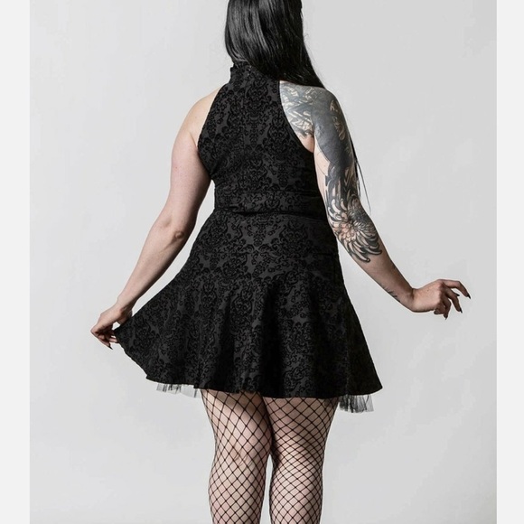 Killstar Gothic Black Velvet Damask Halter Dress Lace Up Corset Tulle Hem XXL - Picture 5 of 16